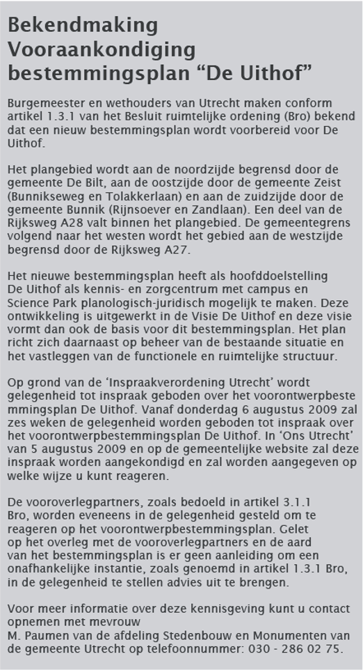 Newspaper clipping voorontwerp bestemmingsplan De Uithof